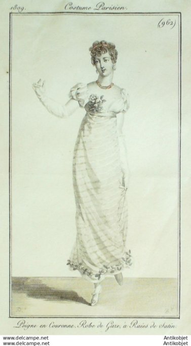Gravure Mode Costume Parisien 1809 #  962 (eau forte old Fashion plate