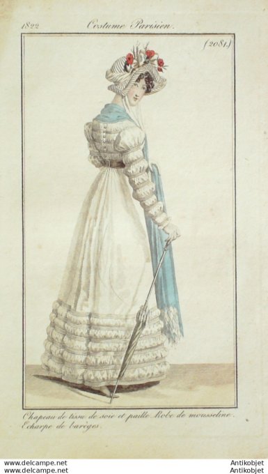 Gravure de mode Costume Parisien 1822 n°2081 Robe mousseline écharpe barège