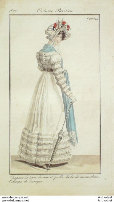 Costume Parisien 1822 # 2081 Robe mousseline écharpe barège