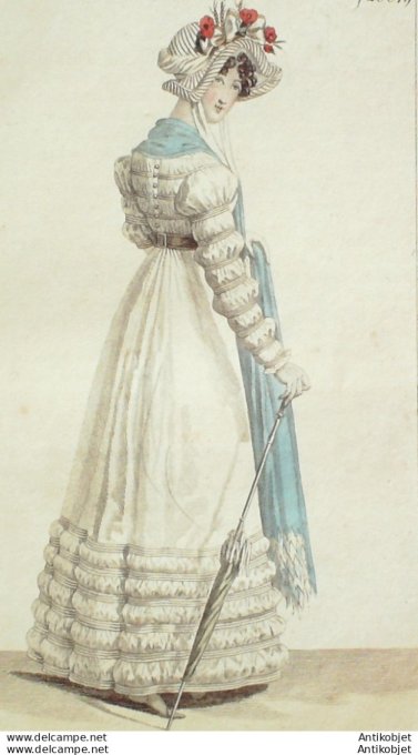 Gravure de mode Costume Parisien 1822 n°2081 Robe mousseline écharpe barège