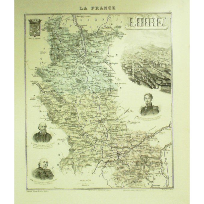 Carte Loire (42) Saint Etienne Graveur Lecoq Waltner Barbier 1868