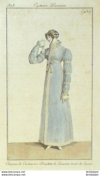Gravure de mode Costume Parisien 1808 n° 935 Douillette Lavantine & liserets
