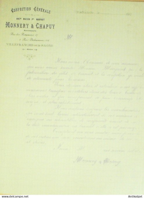 Lettre Ciale Monnery & Chapuy (Confection) 1900 Villefranche/Saône (69)