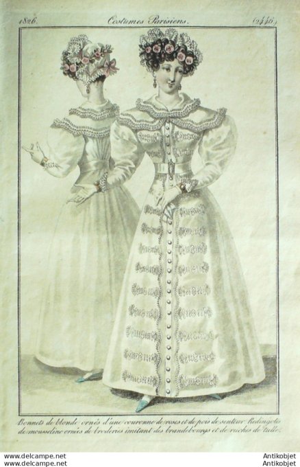 Gravure de mode Costume Parisien 1826 n°2446 Redingotes de mousseline brodées