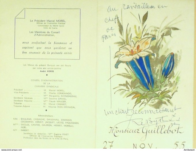 Menu banquet illustre Pavillon Dauphine (Chambre syndicale des fleuristes) 1955