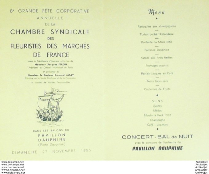 Menu banquet illustre Pavillon Dauphine (Chambre syndicale des fleuristes) 1955