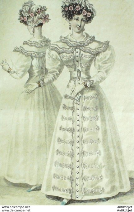 Gravure de mode Costume Parisien 1826 n°2446 Redingotes de mousseline brodées