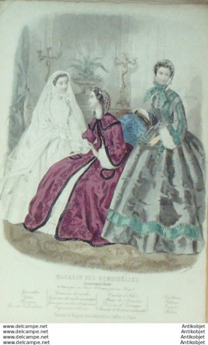 Gravure Mode Magasin Demoiselles 1862 #  4 (aquarellee Old Fashion plate)