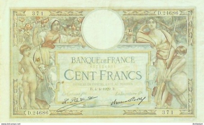 Billet Banque de France 100 francs Luc Olivier Merson Grands Cartouches B.4=4=1929 TTB+++