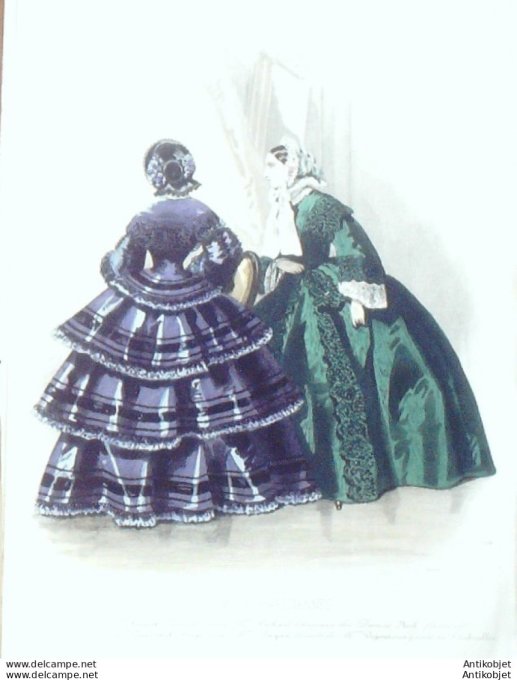 Gravure Les Modes Parisiennes 1853 # 714 Robes de soirée Maison Fauvet