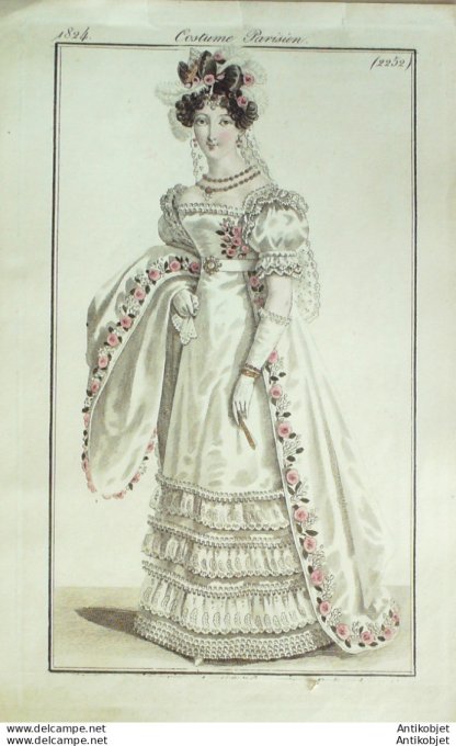 Gravure de mode Costume Parisien 1824 n°2252 Robe satin brodée fleurs et feuillages