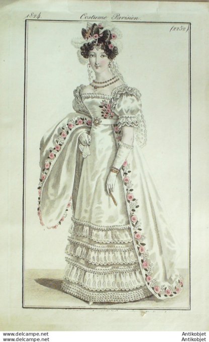 Costume Parisien 1824 # 2252 Robe satin brodée fleurs et feuillages