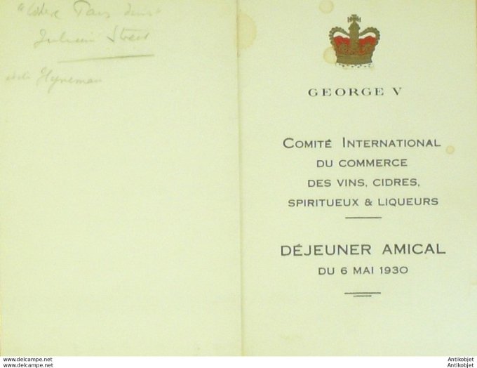 Menu Banquet au George V (Comité intl des vins et spiritueux) 1930