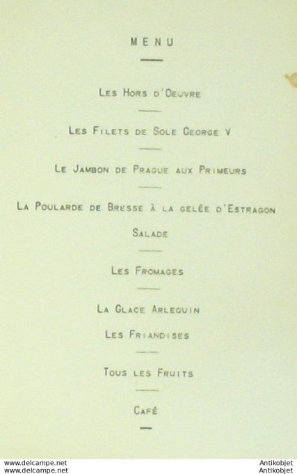 Menu Banquet au George V (Comité intl des vins et spiritueux) 1930