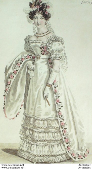 Gravure de mode Costume Parisien 1824 n°2252 Robe satin brodée fleurs et feuillages