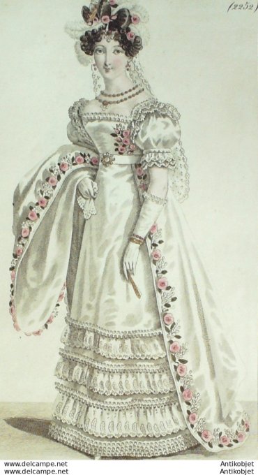 Costume Parisien 1824 # 2252 Robe satin brodée fleurs et feuillages