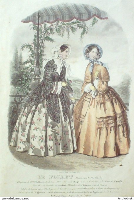 Gravure Mode Le Follet 1858 # 1942 (aquarelle Old Fashion plate)