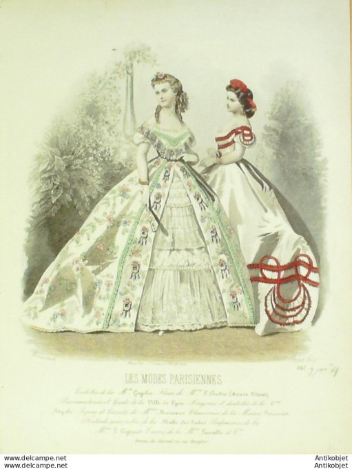 Gravure de mode Les modes parisiennes 1864 n°1141 Robes de bal (Maison Cagelin)
