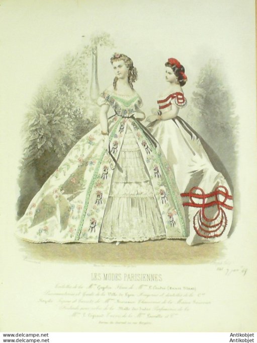 Gravure Les Modes Parisiennes 1864 #1141 Robes de bal Maison Cagelin