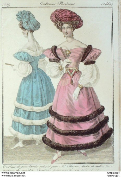 Gravure de mode Costume Parisien 1829 n°2669 Robe de satin Turc & Martre