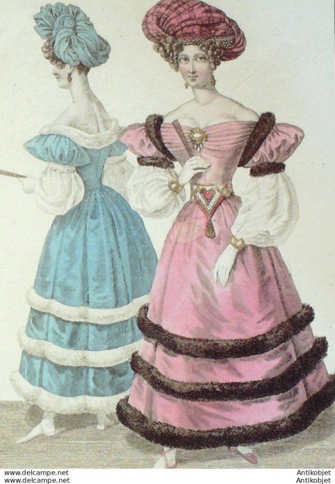 Gravure de mode Costume Parisien 1829 n°2669 Robe de satin Turc & Martre