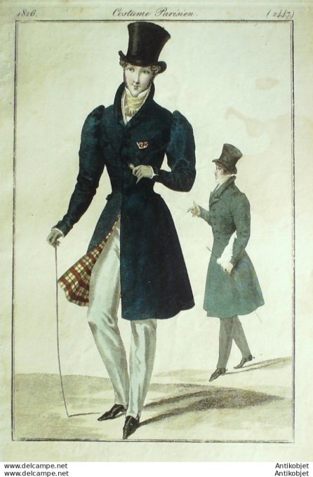 Gravure de mode Costume Parisien 1826 n°2447 Habits de drap  pantalons casimir