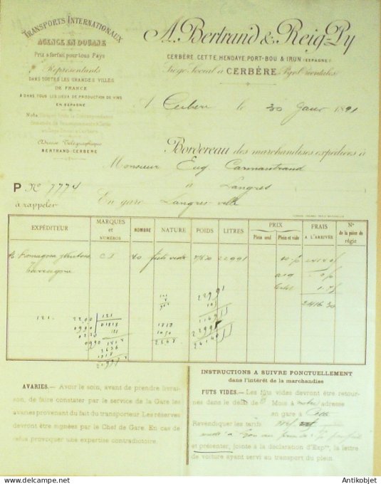 Facture A.Bertrand & Reig-Ly (Transports) 1891 à Cerbère (66)
