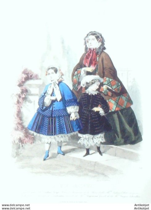 Gravure Les Modes Parisiennes 1853 # 716 Costumes enfants Maison Royer
