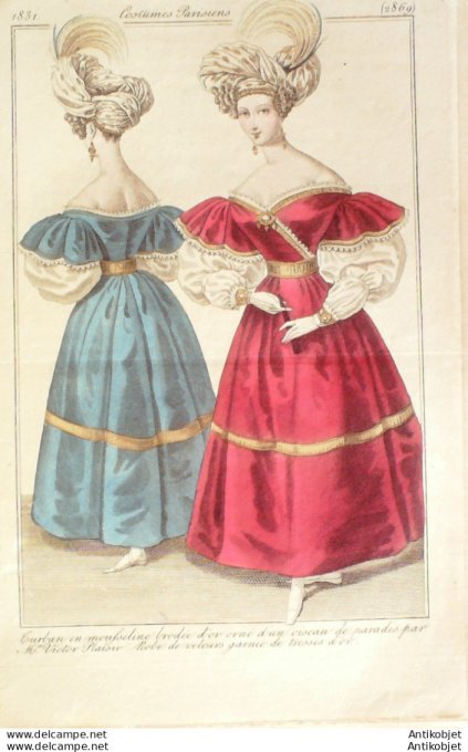 Gravure de mode Costume Parisien 1831 n°2869 Robe velours garnie de tresses