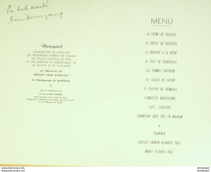 Menu Banquet du Pavillon Dauphine 1957 Henri Bonniaud dédicace