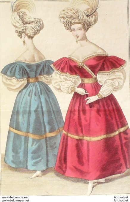 Gravure de mode Costume Parisien 1831 n°2869 Robe velours garnie de tresses