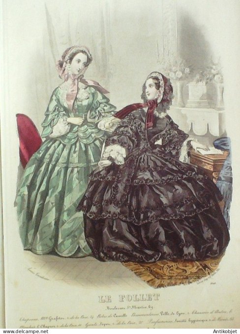 Gravure Mode Le Follet 1858 # 1948 (aquarelle Old Fashion plate)