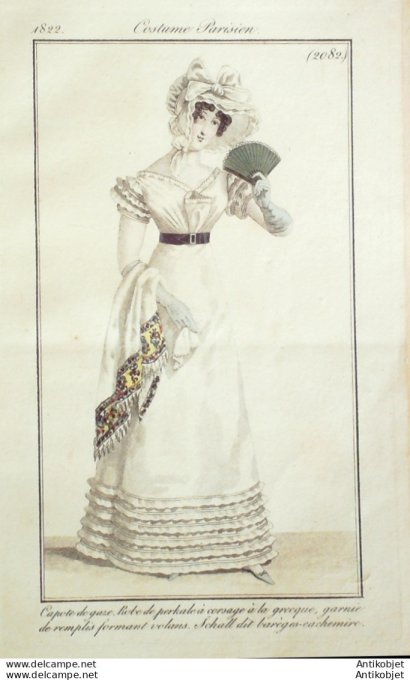 Gravure de mode Costume Parisien 1822 n°2082 Robe de parkale à corsage