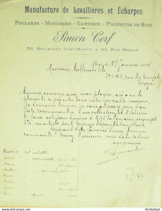Facture Simon Cerf (Foulards écharpes Ganterie) 1906 à Paris 10