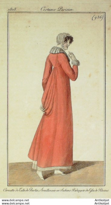 Gravure de mode Costume Parisien 1808 n° 936 Cornette de tulle de Berlin