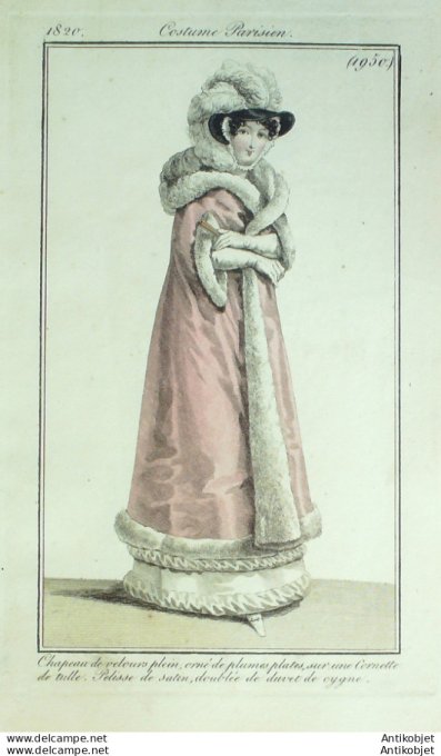 Gravure de mode Costume Parisien 1820 n°1950 Pelisse de satin  duvet de cygne