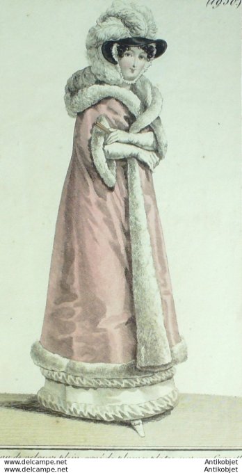 Gravure de mode Costume Parisien 1820 n°1950 Pelisse de satin  duvet de cygne