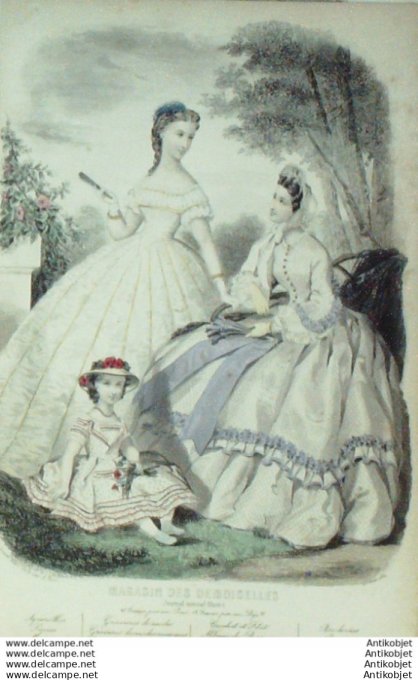 Gravure Mode Magasin Demoiselles 1862 #  7 (aquarellee Old Fashion plate)