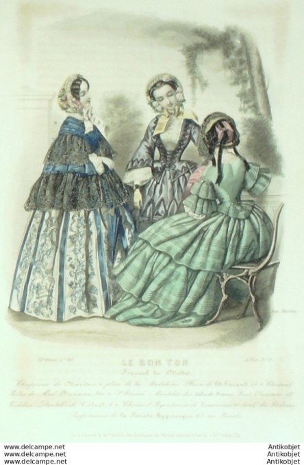 Gravure de mode Le Bon Ton 1853 20 n° 3 vol 2 Robes (Maison Bienvenu)