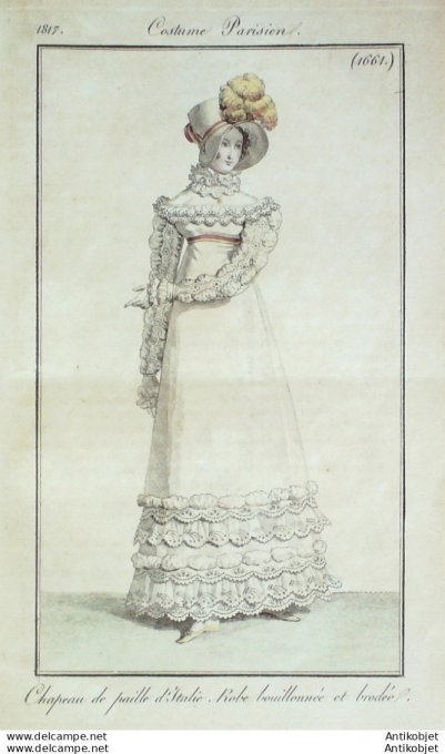 Gravure de mode Costume Parisien 1817 n°1661 Robe bouillonnée et brodée