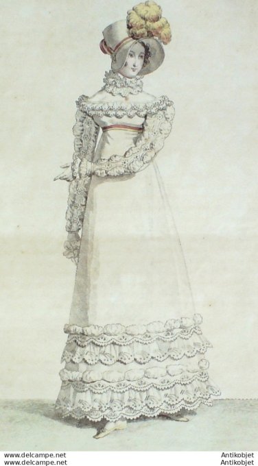 Gravure de mode Costume Parisien 1817 n°1661 Robe bouillonnée et brodée