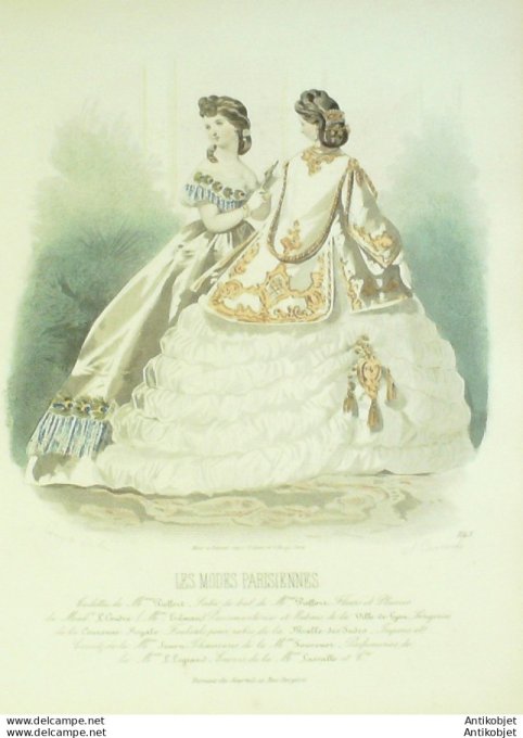 Gravure de mode Les modes parisiennes 1864 n°1143 Robes de cérémonie (Maison Pieffort)