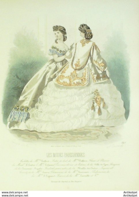 Gravure Les Modes Parisiennes 1864 #1143 Robes de cérémonie Maison Pieffort