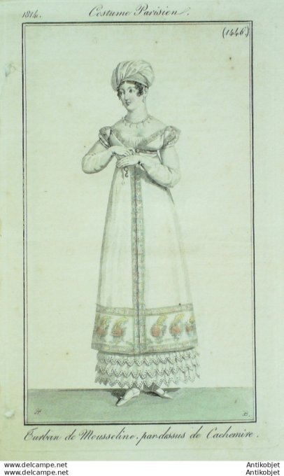 Gravure de mode Costume Parisien 1814 n°1446 Pardessus de cachemire