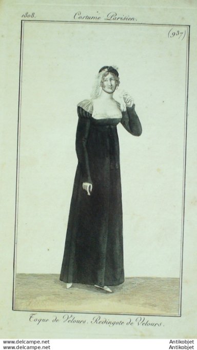 Gravure de mode Costume Parisien 1808 n° 937 Redingote de velours