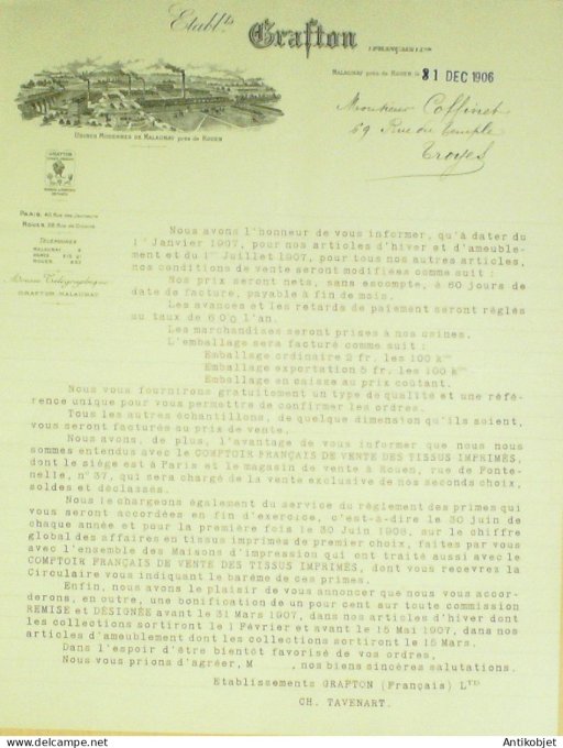 Lettre Ciale Etbs Grafton (Usines de Malaunay Tissus) 1906 Rouen (76)