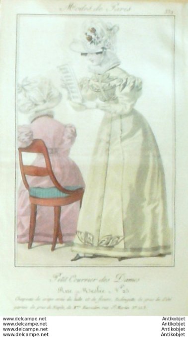 Gravure Mode Courrier des Dames 1825 #  332 (eau forte old Fashion plate)