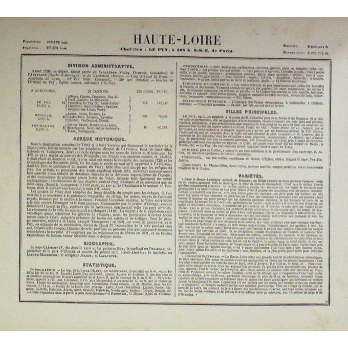 Carte Haute Loire (43) Le Puy Graveur Villerey 1871