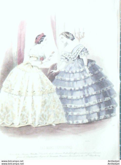 Gravure Les Modes Parisiennes 1853 # 718 Robes en tulle Maison Minette