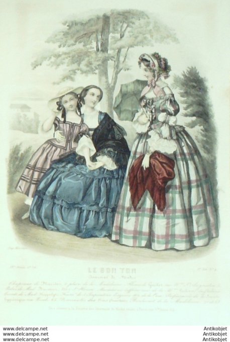 Gravure de mode Le Bon Ton 1853 20 n° 4 vol 2 Robes (Maison Bienvenu)